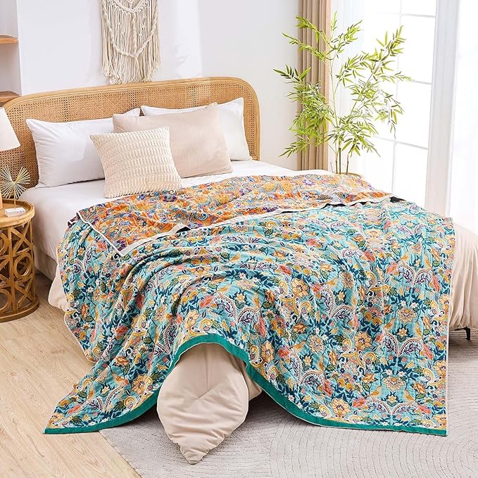 Boho Blanket Throw Quilt, 100% Cotton Soft Light Weight Throw Blankets - Image 6