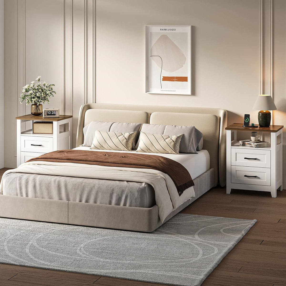 decofy farmhouse 2-drawer nightstand with charging station, white showing dimensions