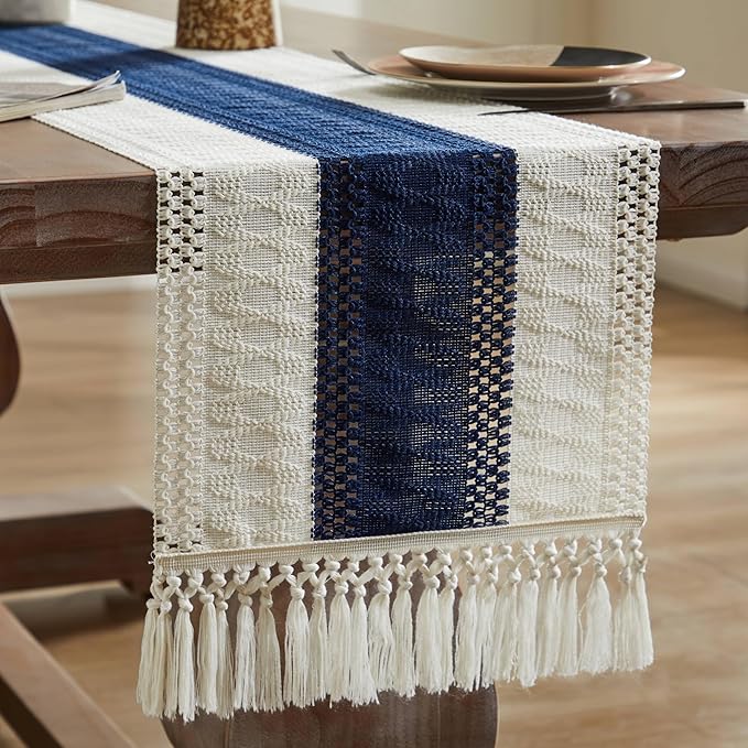 ZeeMart Macrame Style Bicolor Stitching Table Runner, 14 x 36 Inch Navy - Image 7