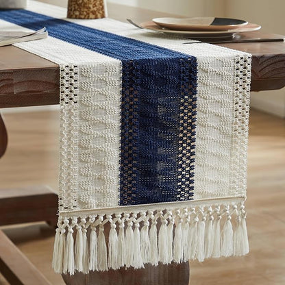 ZeeMart Macrame Style Bicolor Stitching Table Runner, 14 x 108 Inch Navy - Image 7