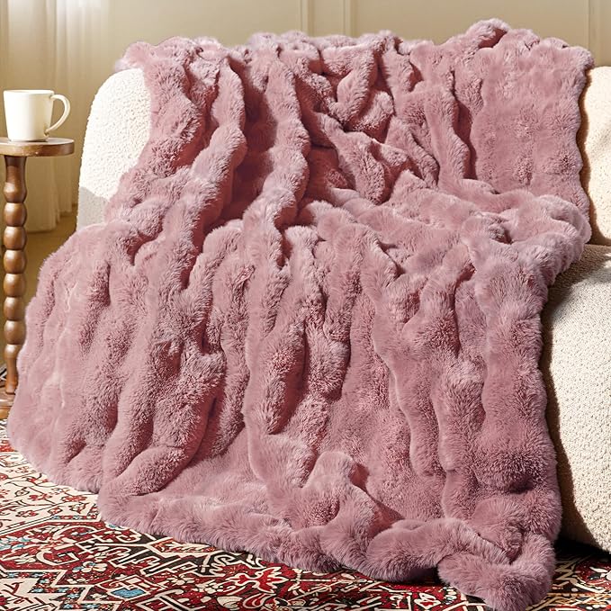 Ultra Soft Cozy Faux Fur Throw Blanket, Fuzzy Plush Thick Bubble Blanket by blunique