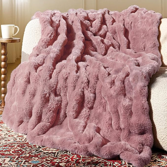 Ultra Soft Cozy Faux Fur Throw Blanket, Fuzzy Plush Thick Bubble Blanket by blunique