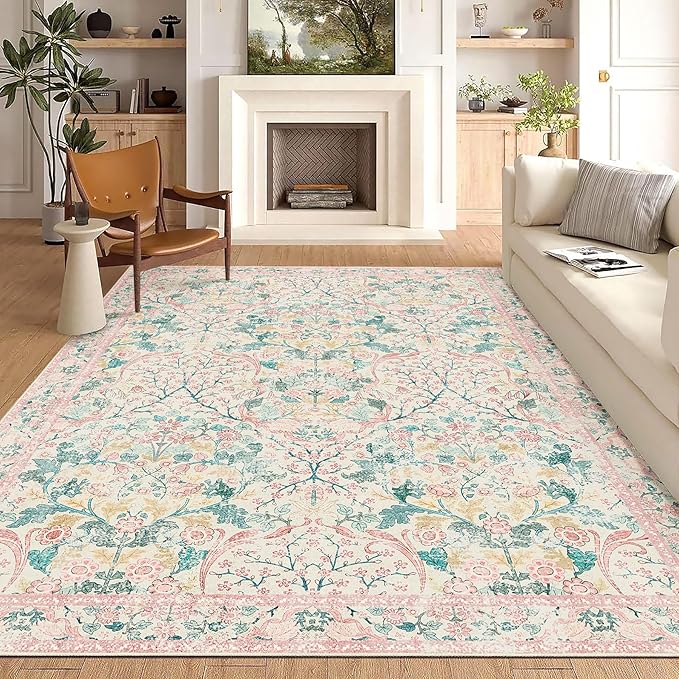 MUJOO Pink Washable Rugs 8x10, Floral Area Rug - Image 3