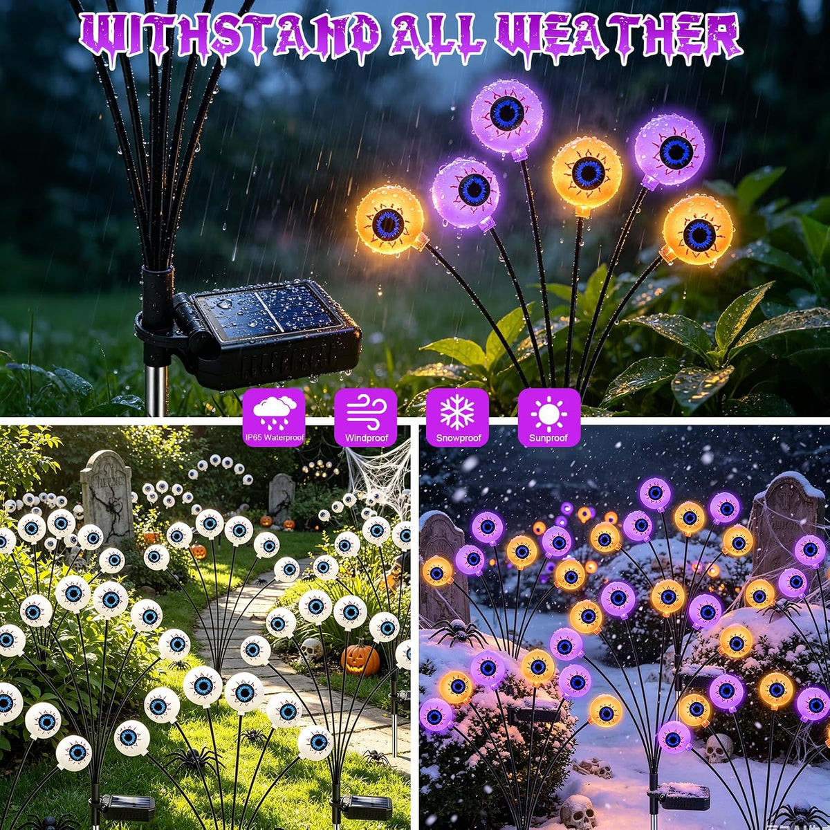 Halloween Decorations Outdoor, 4 Pack 24 LED Purple and Orange Solar Scary Eyeball Swaying Lights, Solar Firefly Light Waterproof Outdoor Lights for Halloween Yard Garden Party