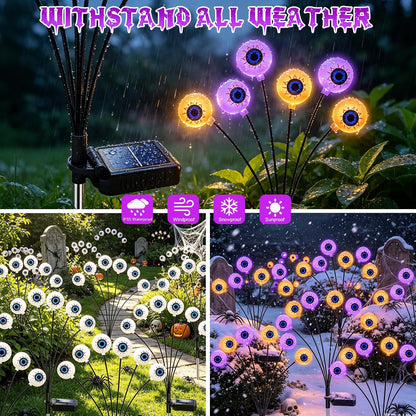 Halloween Decorations Outdoor, 4 Pack 24 LED Purple and Orange Solar Scary Eyeball Swaying Lights, Solar Firefly Light Waterproof Outdoor Lights for Halloween Yard Garden Party