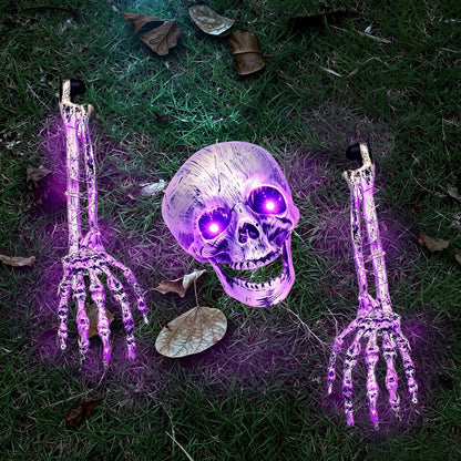 Halloween Skeleton Decorations Outdoor, Light Up Skull Head & Skeleton Hands Stake Lights, Battery Operated Purple LED Halloween Skull Decorations for Yard Lawn Garden Graveyard & Haunted House Decor