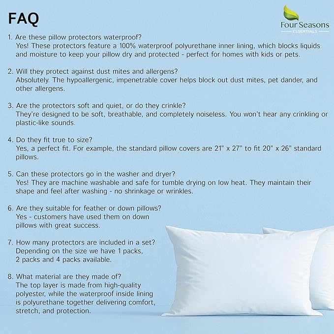 Four Seasons Essentials Waterproof King Pillow Protectors – Zippered Pillow - Image 9