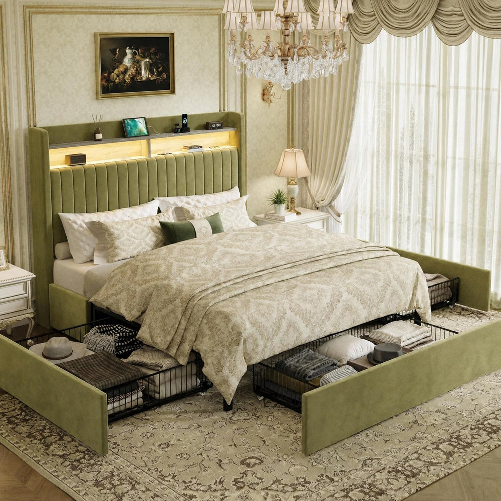 SHA CERLIN Queen Upholstered Platform Bed Frame with 3 Spacious Storage Drawe...