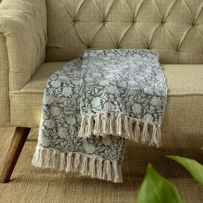 100% Pure Cotton Handblock Printed Throw Blanket, Soft 50" x 60" Fringed Floral - Image 3