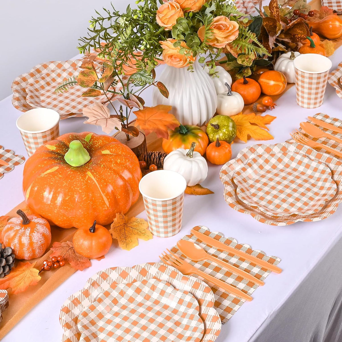 400 Pcs Orange Gingham Party Supplies for 50 Guests Orange and White Scalloped Paper Plates Napkin Cup & Cutlery Disposable Checkered Dinner Party Set for Thanksgiving, Halloween, Fall Wedding