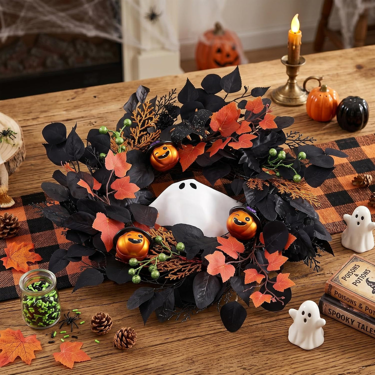 DecorbyHannah 20'' Halloween Wreath for Front Door with Lights Ghost Decor