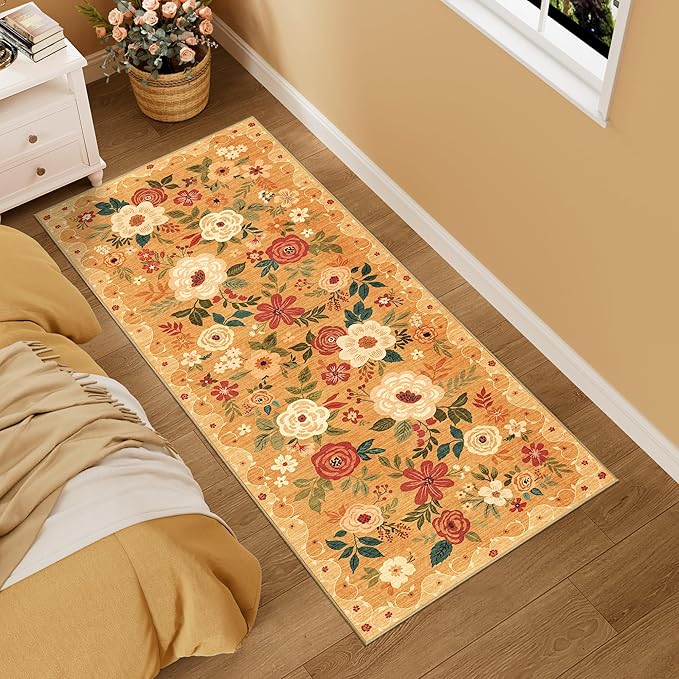 DUKINO 2x5 Runner Rug for Hallway, Washable Kitchen Floral Runner Rug by DUKINO