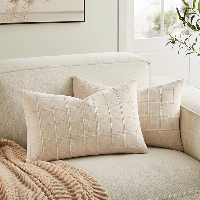 ZeeMart Linen Checked Lumbar Throw Pillow Covers Set of 2, 12x20 Inch by ZEEMARTONLINE