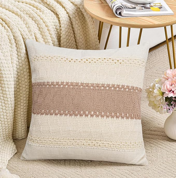 Pyonic Pack of 2 Boho Throw Pillow Covers 18x18 Inch Farmhouse Decorative Throw - Image 2