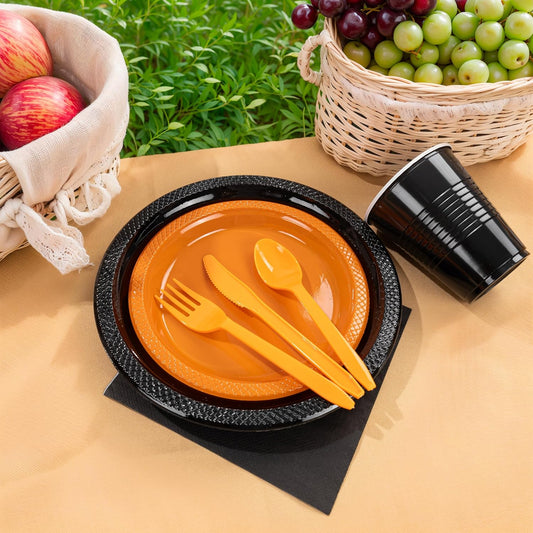 LUODA MirthMood 350PCS black and orange Plastic Plates,Black Disposable Plates –Plastic Plates Set Includes 50 Dinner,50 Dessert Plate,50 Cup&50 Napkins, 50 orange Silverware for Parties&Halloween