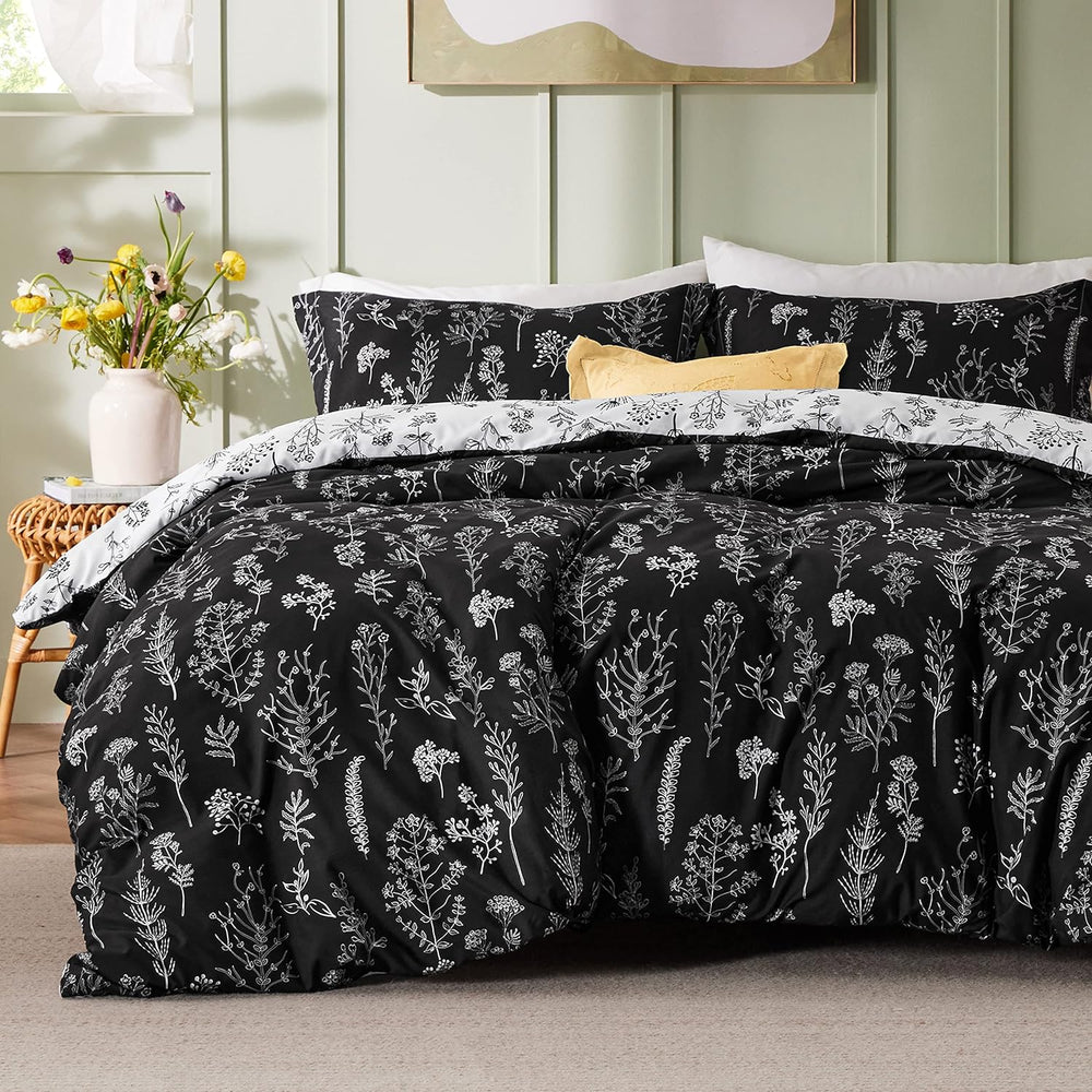 Bedsure Queen Comforter Set - Black Bed Set, 3 Pieces Cute Floral Bedding, 1 ...