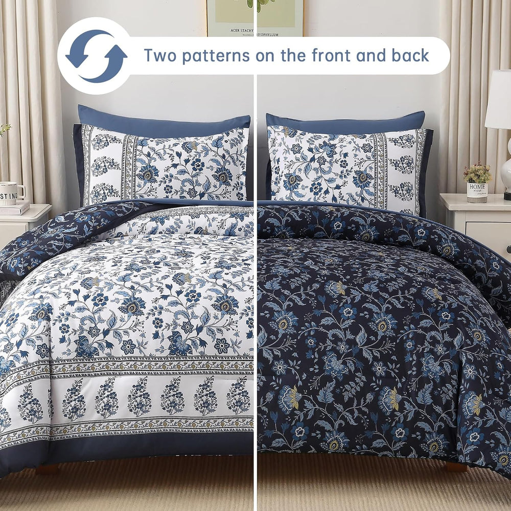 Comforter Set Queen Size Boho, Reversible Blue Bedding Paisley Floral