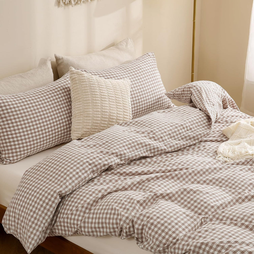 TOCOMOA Tan Gingham Duvet Cover Bedding Set Washed Cotton Like Linen, King