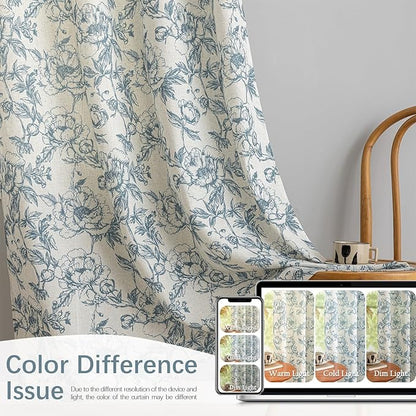 Blue Floral Curtains Farmhouse Linen 84 Inches Length Grommet Top Curtain - Image 5