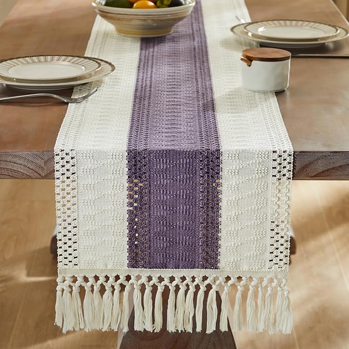 ZeeMart Macrame Style Bicolor Stitching Table Runner, 14 x 48 Inch Purple/Ivory - Image 3