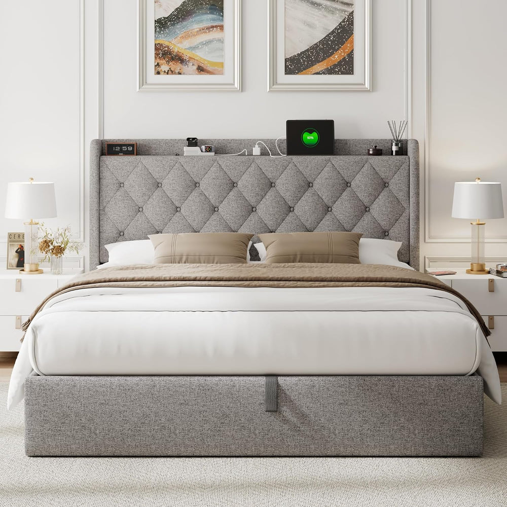 Feonase Full Size Bed Frame with Storage & Charging Station - Hydraulic L...