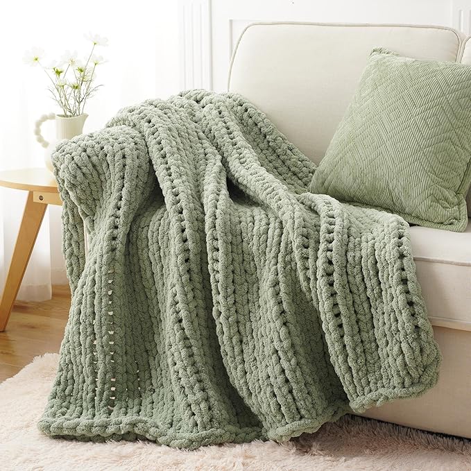 Battilo Sage Green Chunky Knit Throw Blanket, Soft and Thick Chenille Throw by Battilo