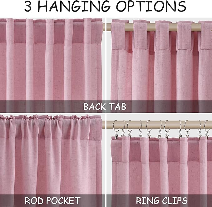 Semi Sheer Rose Linen Curtains 120 Inches Long Long 2 Panels Set Back Tab Loop - Image 2