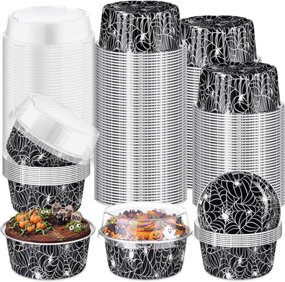 Potchen 200 Pcs Halloween Spiderweb Foil Cake Cup with Lid, 5 oz Baking Cup