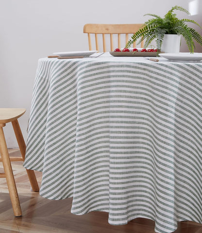 100% Yarn-Dyed Linen Round Tablecloth 70Inches for Dinners, Parties, Easter, Halloween, Camping,Thanksgiving. Machine Washable, 6-8 Seats, 70''(Round), Sage Green Stripe