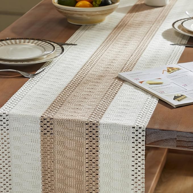 ZeeMart Macrame Style Bicolor Stitching Table Runner, 14 x 48 Inch Taupe/Ivory - Image 5