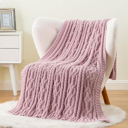Battilo Pink Throw Blanket for Couch, Cable Knit Blanket, Soft Chenille Throw - Image 4