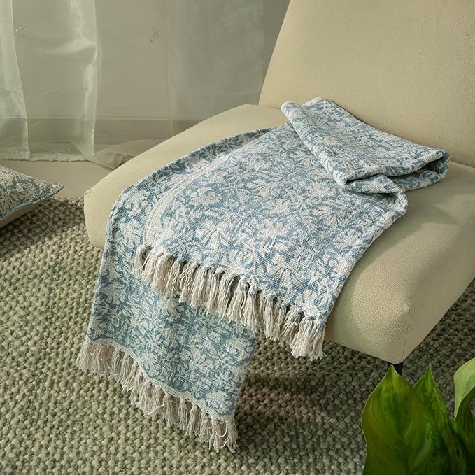 100% Pure Cotton Handblock Printed Throw Blanket, Soft 50" x 60" Fringed Floral - Image 3
