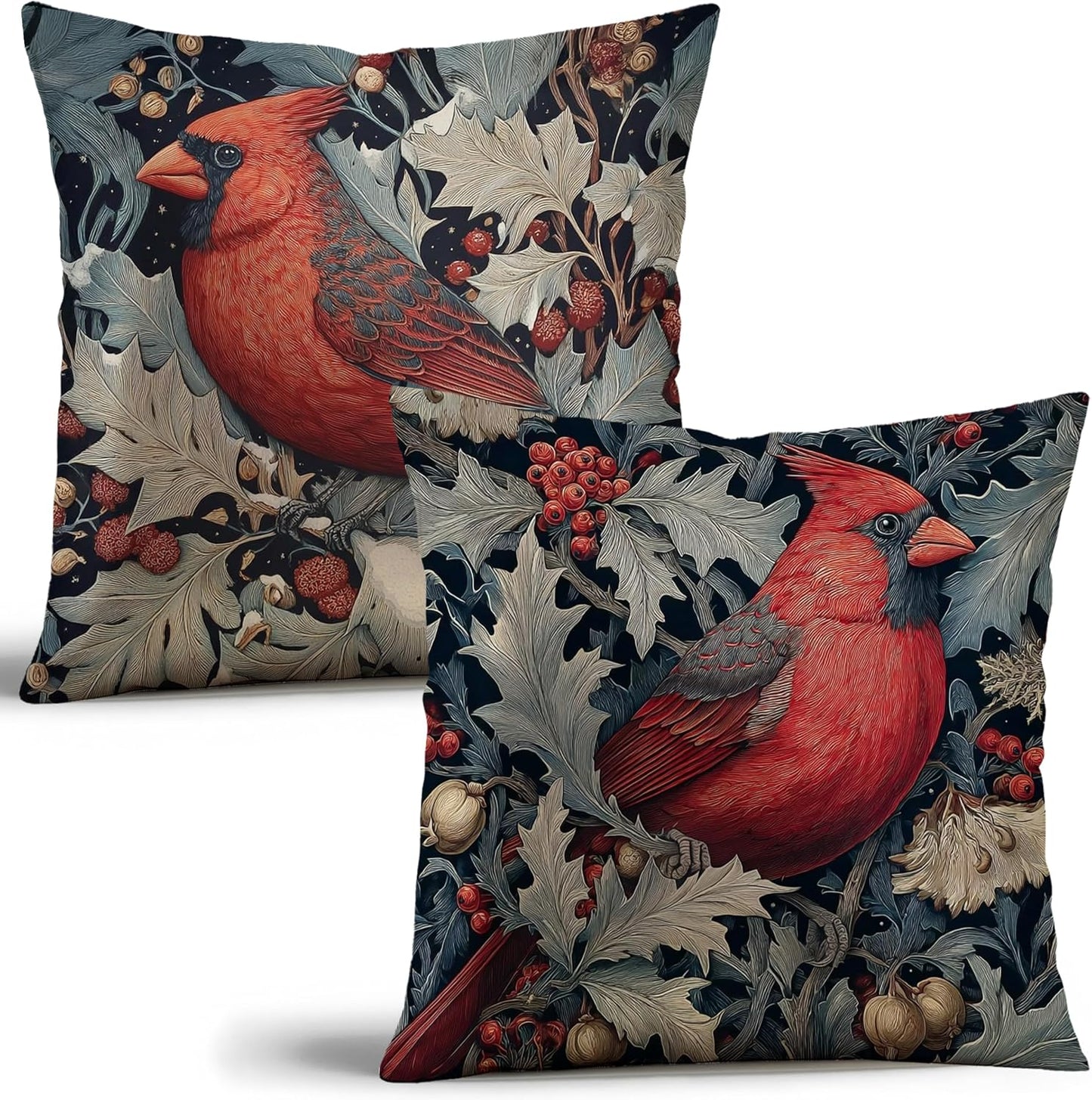 William Morris Inspired Red Cardinal Bird Pillow Cover 18x18 Inches(Set of 2) - Vintage Floral Art Throw Pillowcase - Farmhouse Decor for Couch, Sofa, Bed - Living Room Home Decor Gift (Red-Bird)