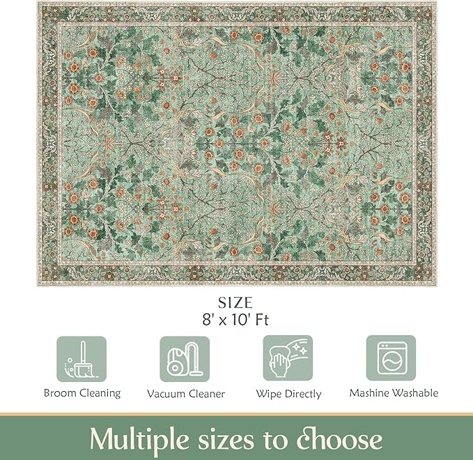 MUJOO Green Washable Rugs 8x10, Floral Area Rug - Image 2