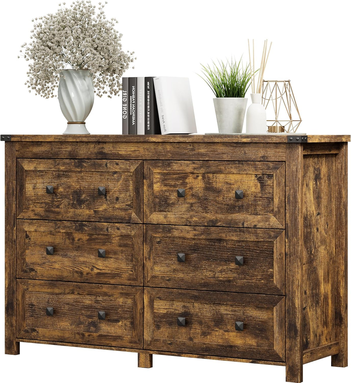 xixini 47.2" wide 6-drawer farmhouse dresser for bedroom shown in use