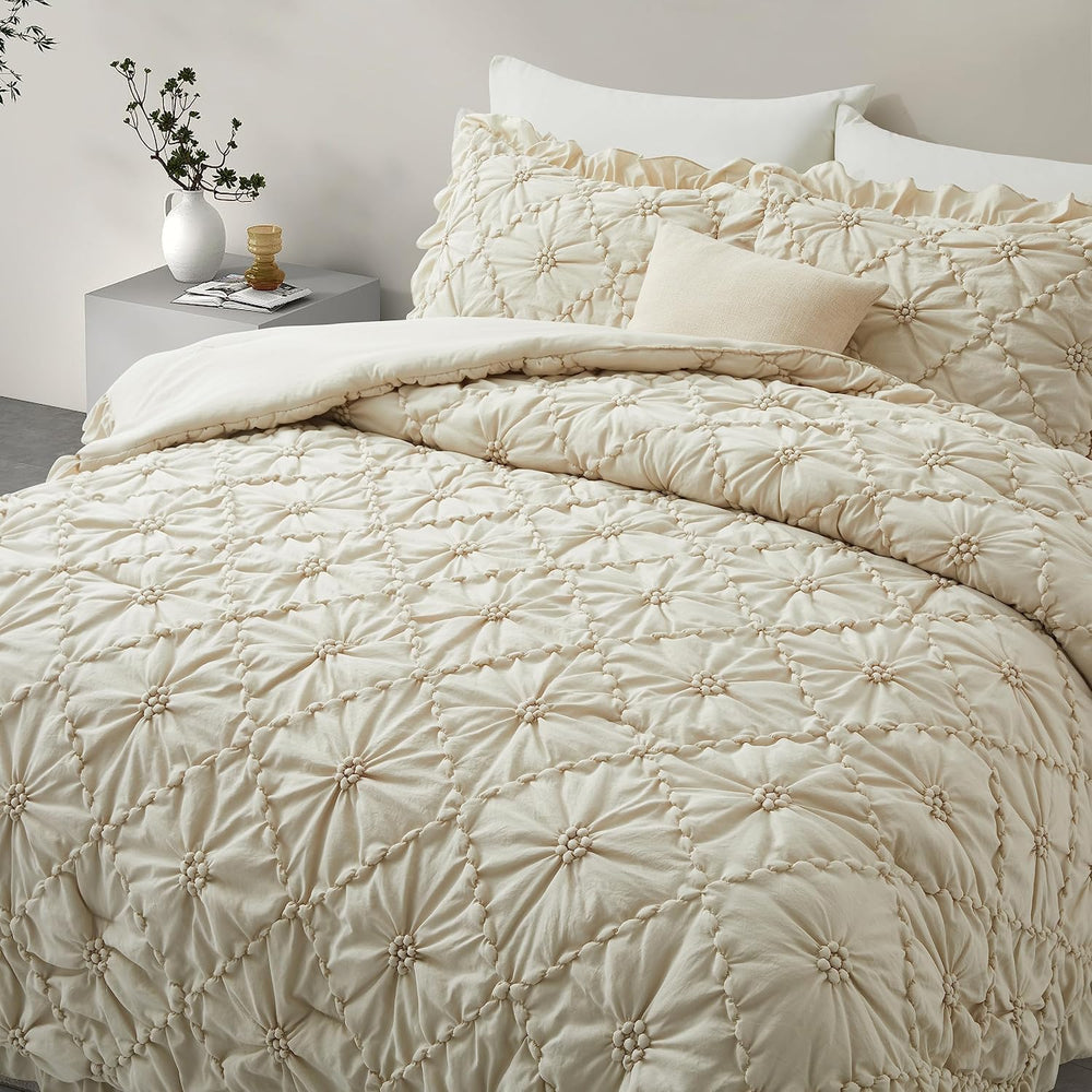 BEDAZZLED Queen Comforter Set, Beige Pinch Pleat Ruffle, 3 Pieces