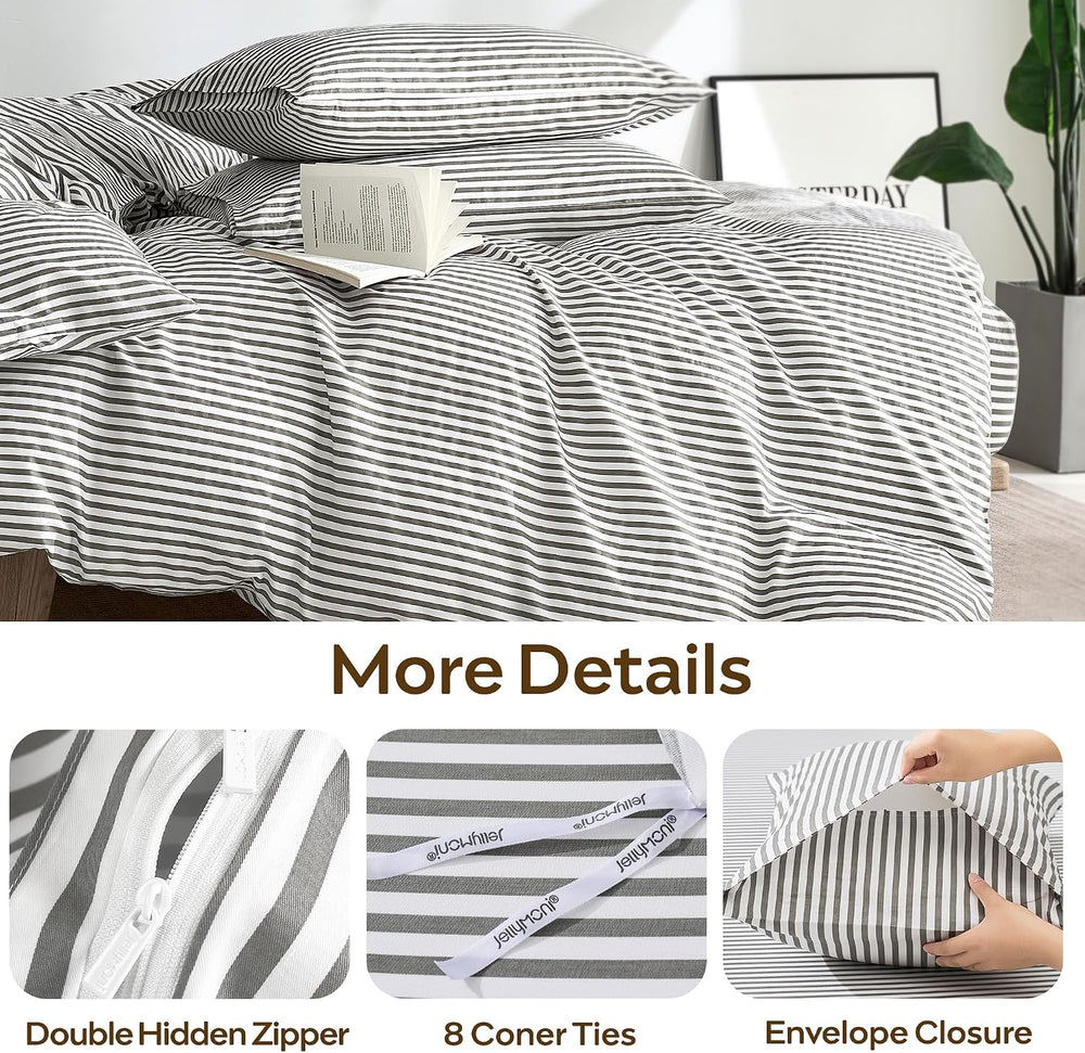 JELLYMONI 100% Cotton Classic Striped Duvet Cover Queen Set, Grey