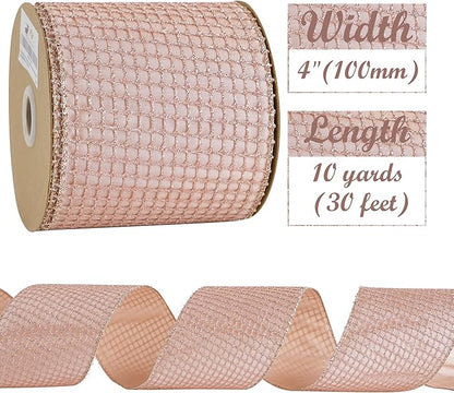 HUIHUANG Rose Gold Glitter Wired Ribbon 4 inch Square Mesh Netting Wired Ribbon - Image 2