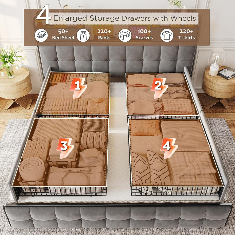 EnHomee King Bed Frame with 6 Drawers and Velvet Storage Headboard,Grey
