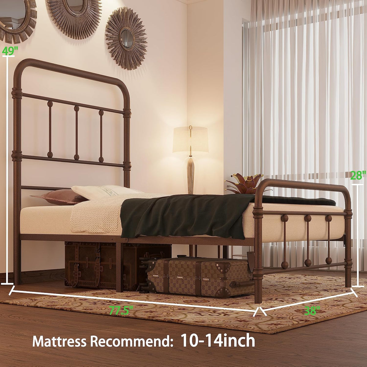 twin-bed-frames-vintage-farmhouse 49 inch tall-headboard-iron - platform mattress foundation,no shown in use