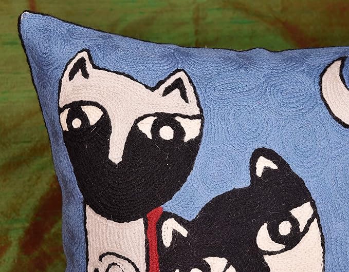Picasso Blue Cat Pillow Cover Quadruplets Whimsical Hand Embroidered Wool 18x18 - Image 6