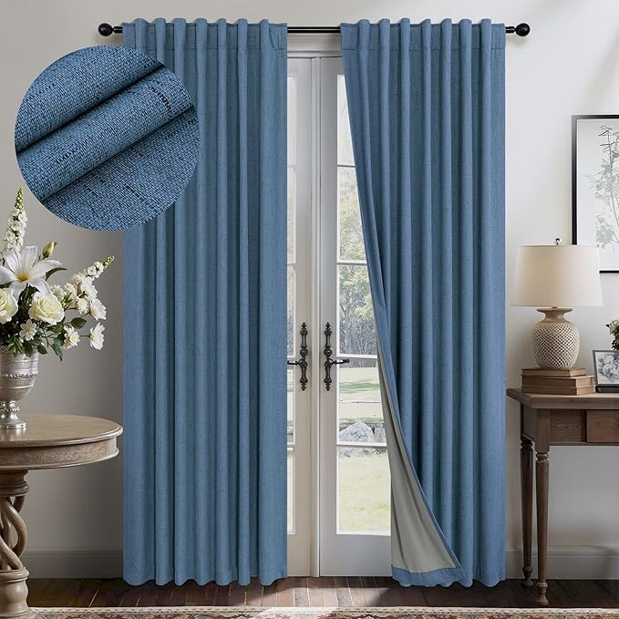 Denim Blue Living Room Black Out Curtains 63 Inch Long Insulated Thermal by Pitalk