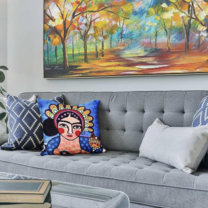 Frida Inspired Blue Throw Pillow Cover Cat Pillowcase Tiara Mexican Art Chair - Image 2