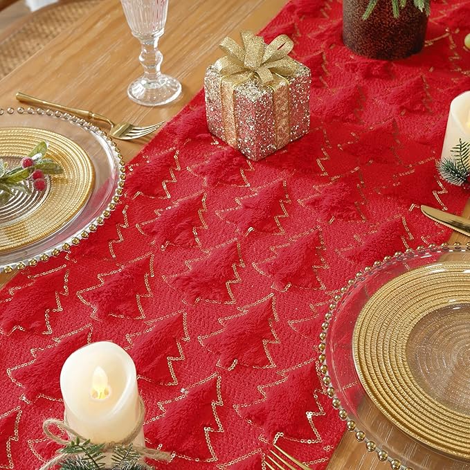 Christmas Trees Red Soft Plush Faux Fur Jacquard Gold Sequin Glitter Christmas - Image 7