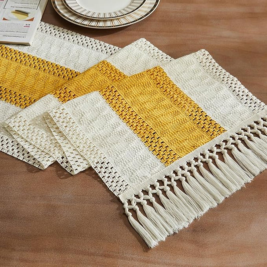 ZeeMart Macrame Style Bicolor Stitching Table Runner, 14 x 72 Inch Mustard/Ivory by ZEEMARTONLINE