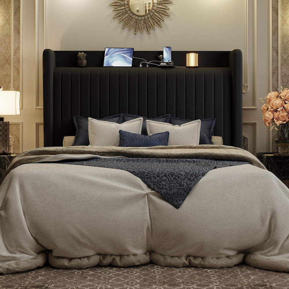 SHA CERLIN Queen Size Velvet Bed Frame with Shelf, Charging Station, Black