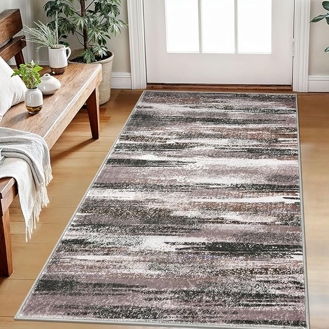 Modern Abstract Small Area Rug Indoor, Dark Light Brown White 3x5 Washable Rug by lansny