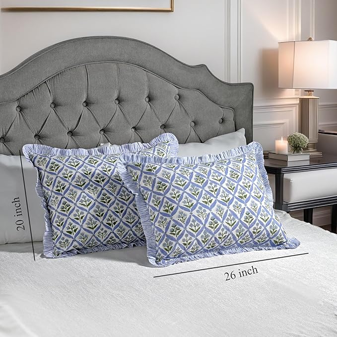 Ridhi Light Steel Blue 100% Cotton Block Print Ruffle Bed Sham Cover 20''×26'' - Image 4