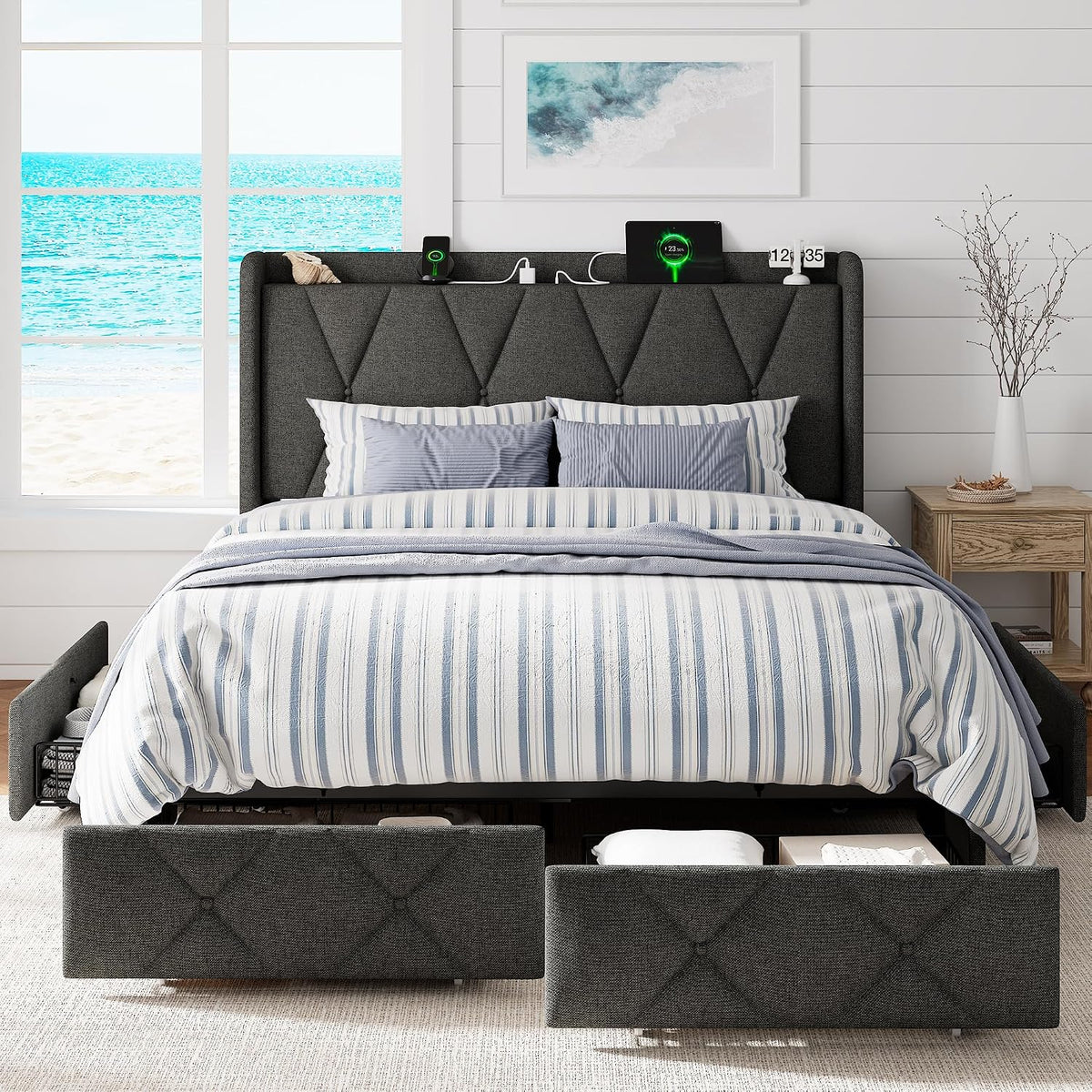 galnfu queen bed frame with 4 storage drawers, main product view
