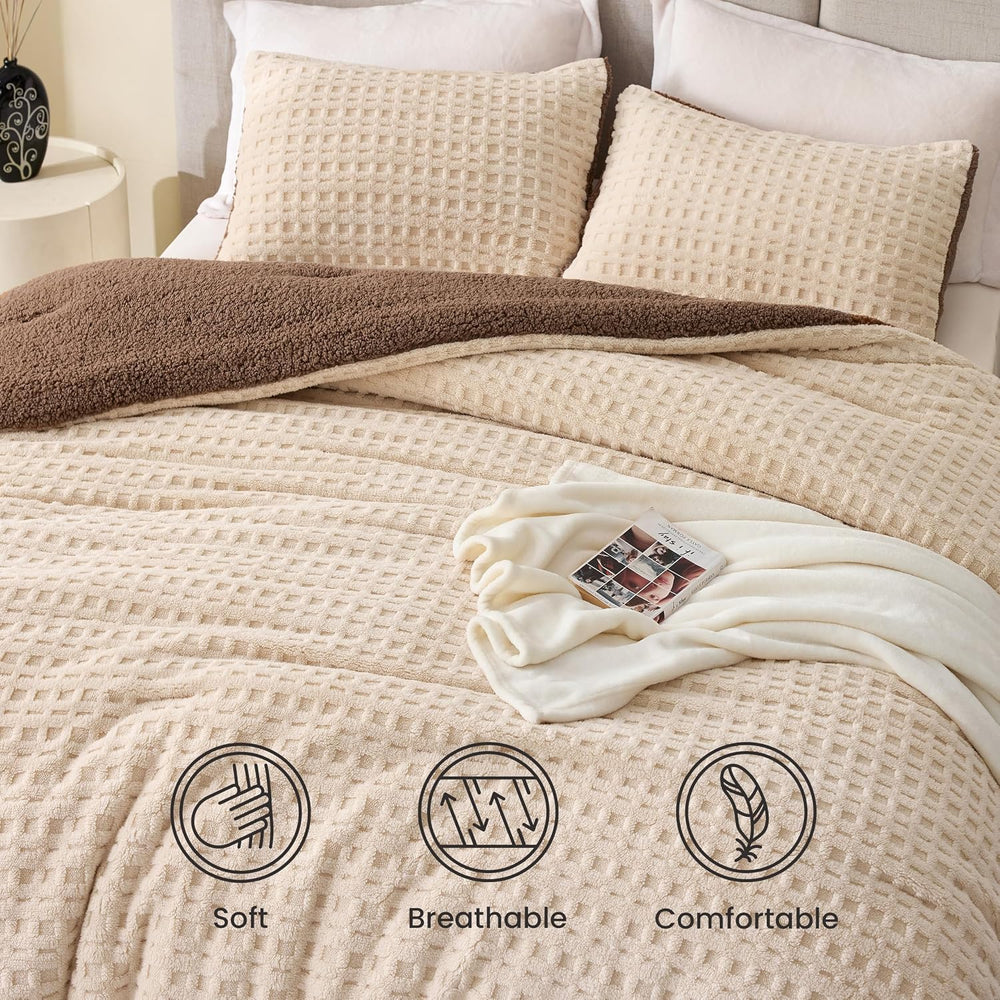 EXQ Home Taffeta Sherpa Comforter Set King 3 Pieces,Khaki&Brown